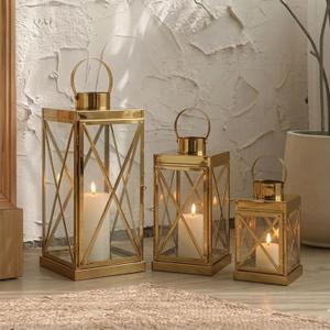 TRIROCKS Gold Stainless Steel Lantern Set of 3-Square Elegance 8/12/16 Inch Opulent Metal Candle Lanterns Candle Holder with Tempered Glass for Home Garden Indoor Outdoor Decor Celebratory Everyday