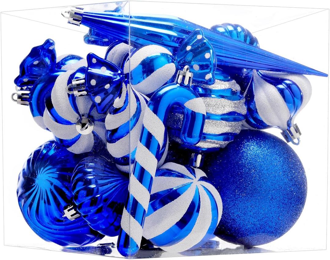 Christmas Ball Ornaments Set Shatterproof Christmas Tree Ornaments 24 PCS Painted Shaped Styles Xmas Tree for Holiday Decor,Royal Blue