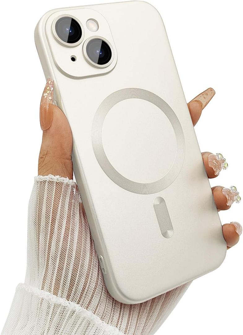 Magnetic Case for iPhone 14 Plus Phone Case for Women, Shockproof Matte Luxury Soft Metallic Luster Design with Camera Lens Protector, Compatible with Magsafe for iPhone 14 Plus 6.7"-White