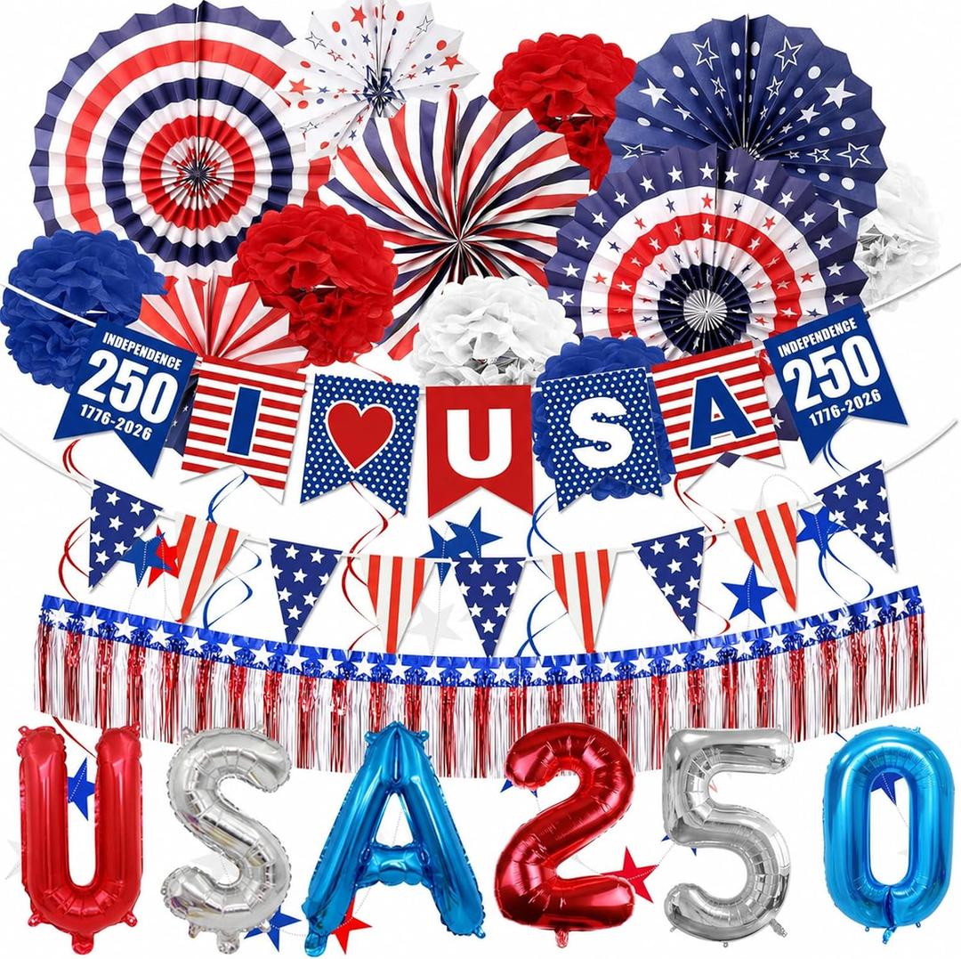33pcs 4th of July Patriotic Decorations America 250 Decorations Set, Red White and Blue Paper Fans Decor with Banner, Pom Poms, Hanging Swirls and Balloons for Independence Day Memorial Day