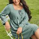 AlvaQ Plus Size Dresses for Women Square Neck Long Sleeve Dress Embroidery Eyelet A Line Sundress with Pockets L-4X (Green, XXL)