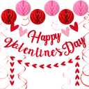 VioraWhite 17 Pcs Happy Valentine's Day Decorations Red Pink Glitter Heart Valentine Banner Sign Valentine Hanging Swirls Honeycomb Balls for Galentines Party Wedding Anniversary Hanging Decoration