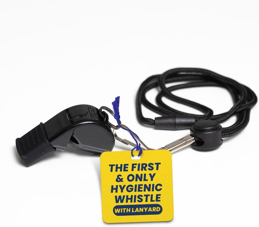 The Protector Whistle P51 - Coach Whistle - Official Whistle for Sports, Removable Cushioned Mouth Grip, Loud Safety Whistle for Adults with Breakaway Lanyard - Emergency Whistle Teacher Lifeguard (Black)