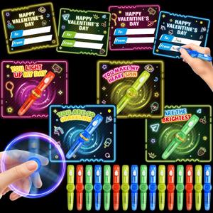 Valentines Day Cards for Kids School Classroom Exchange, 24 Pack Valentines Cards with Light Up Spinning Toy Pens, Valentines Cards Gifts for Kids School Classroom, Valentines Day Gifts for Kids