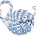 Handmade 5ft Braided Cotton Dog Leash with Unique Floral Handle, Durable and Stylish, Ideal for Small to Large Dogs, Blue & White Color