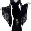 LANSHULAN Women Gothic Bat Sleeve Lace Patchwork Velvet Goth Vintage Dress for Halloween Costume (Medium)