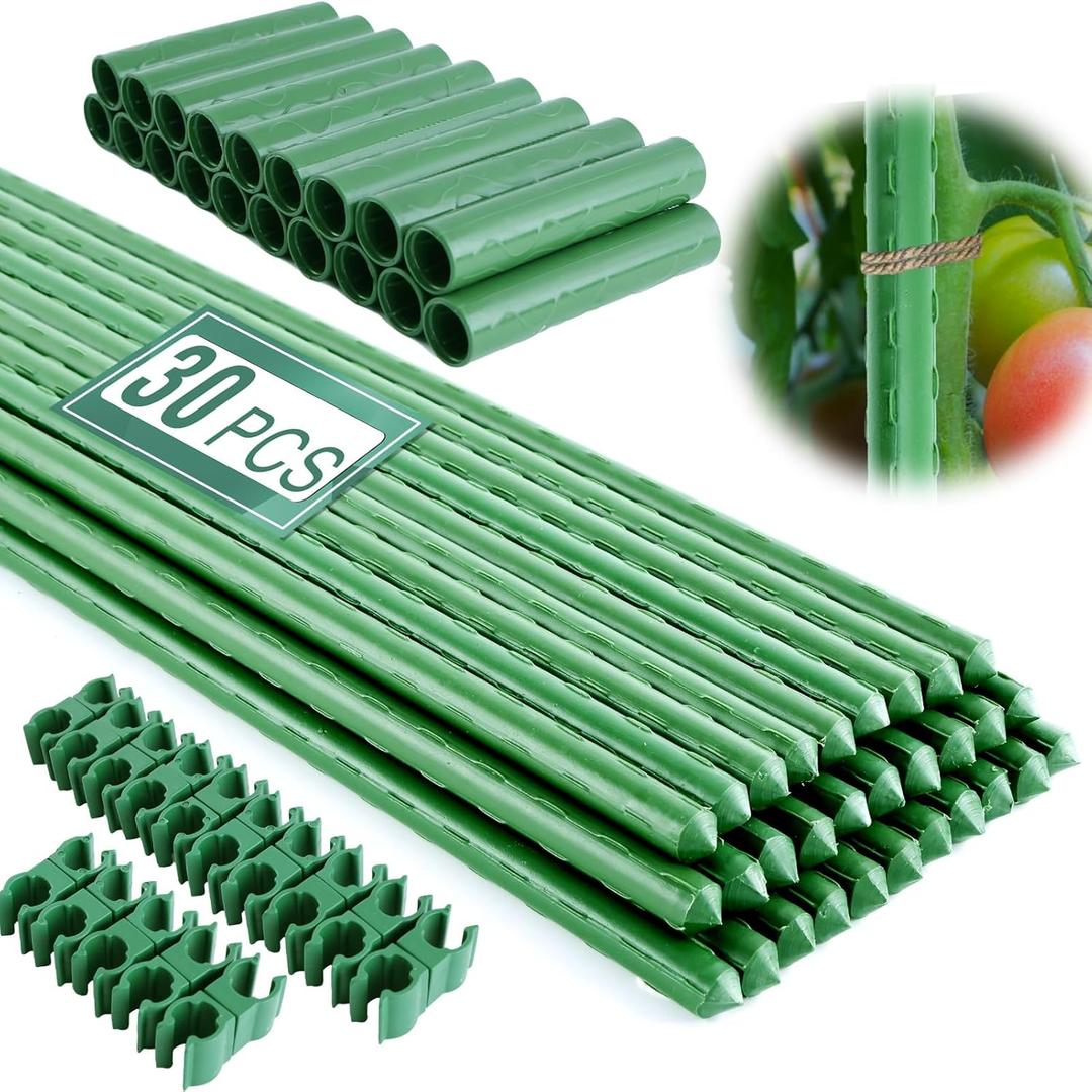 Garden Stakes 16 Inch 30 Pack, Diy  Tomato Stakes Plastic Coated Metal Plant Sticks Stakes Supports with 20 Connectors 15 Rotatable Clips for Indoor Outdoor Plants Vegetable