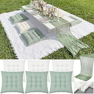 Hillsuren Extra Large Outdoor Picnic Blanket with Table Runner and Floor Pillow Cushion for Picnic Wedding Birthday Baby Shower Backyard Decor(91 x 71'', Sage Green, White, 8 Pcs)