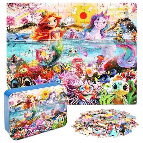 MZZOTOY Mermaid Unicorn Puzzles for Kids Ages 4-8, 100 Pieces Jigsaw Puzzles for Kids Ages 3-5 Puzzle for Girls and Boys Learning Educational Puzzles Toys in a Metal Box