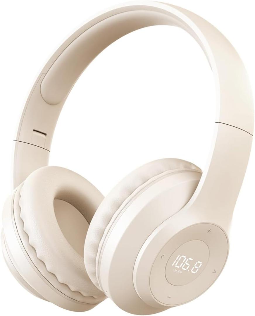 X5 Rechargeable & Portable FM Radio Headphones with Best Reception, LED Display, Soft Ear Muffs, FM Headset Radio Receiver for Meeting, Works, Hiking, Jogging (Beige)