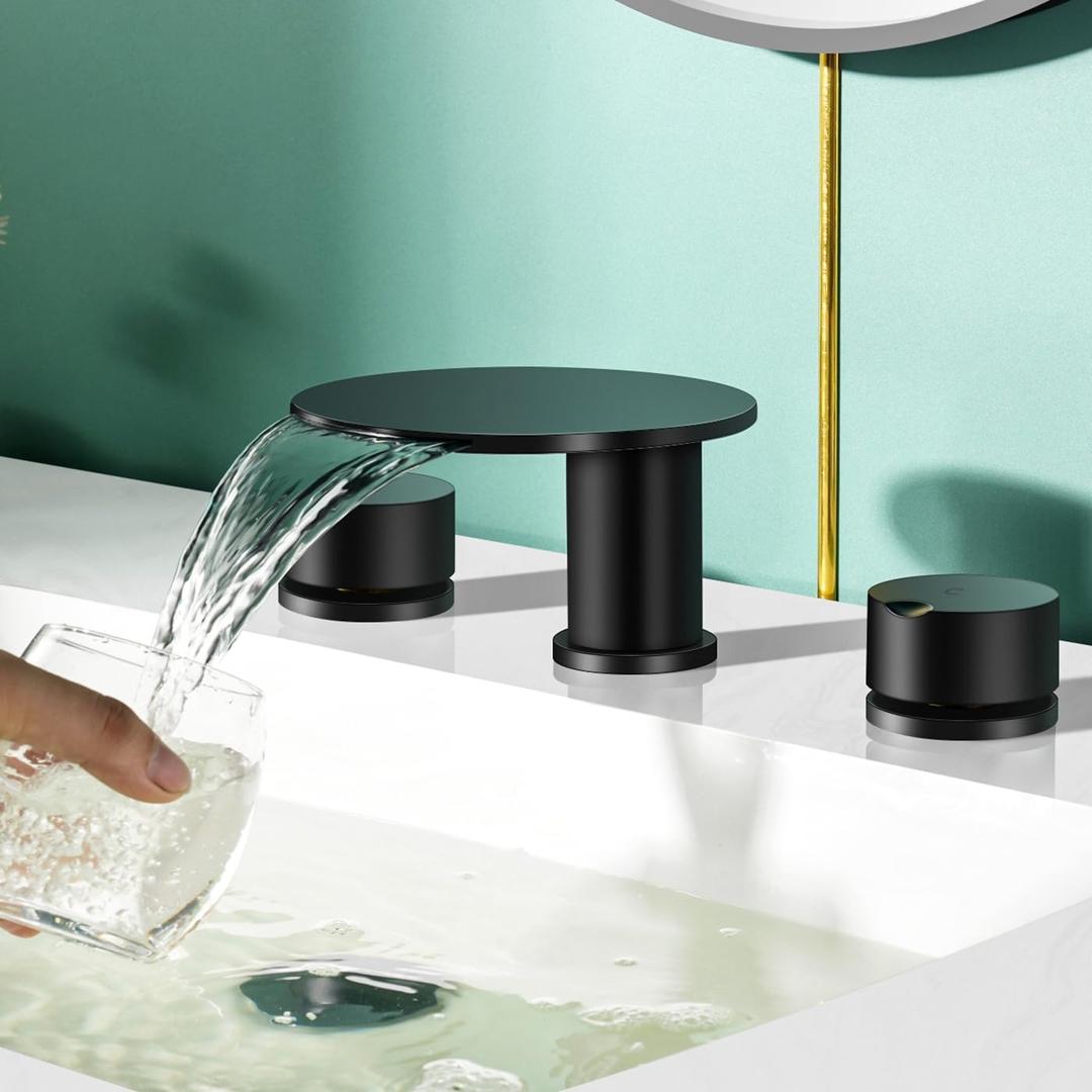 AUU Moon Bathroom Sink Faucet 3 Holes,Waterfall Bathroom Vanity Sink Faucets Solid Brass,2 Handles Widespread 8 Inch Basin Faucets (Black)