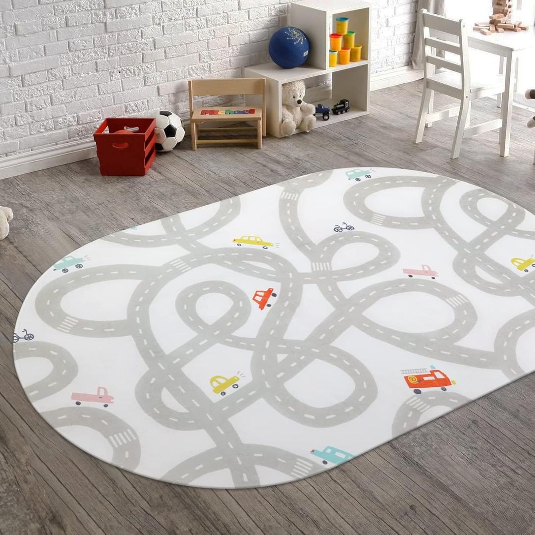 Road Traffic Kids Rug Children Playing with Cars Playmat 4x6 Ft, Washable Play Carpet for Kids Playroom, Non-Slip Have Fun Safe Baby Nursery Rug for Toddler Boy's Bedroom Game Room Grey