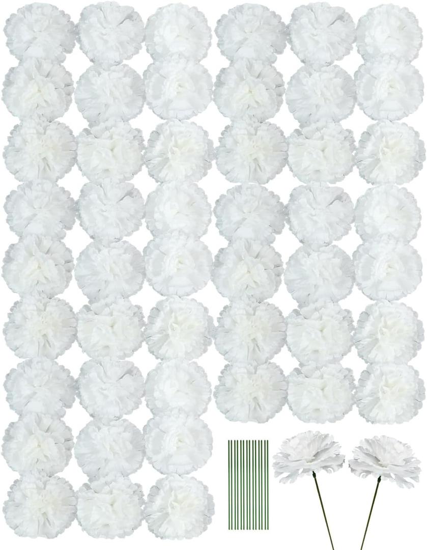Artificial Carnation Flower, 50pcs Silk Faux Flower Heads with Stem, for DIY Wreath, Wedding Decor, Handmade Flowers, Table Centerpieces, Home Decor, Baby Shower, Graduation Decor (50, White)