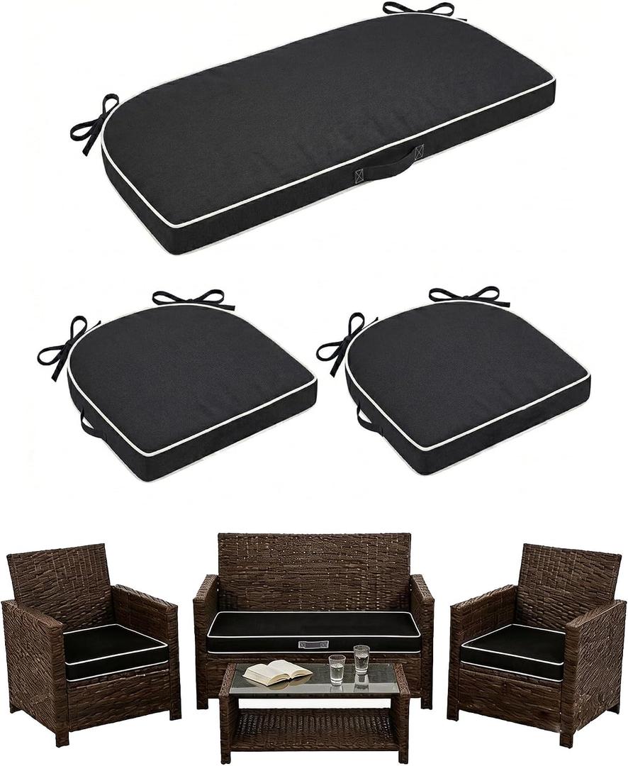 3 Pack Foam Wicker Patio Furniture Cushions, Replacement Cushions Fit Outdoor 4 Pieces Rattan Chair Sofa Set,Waterproof Outside Loveseat Pads,41x18x2 + 18x18x2,U Shape,Black+White Piping