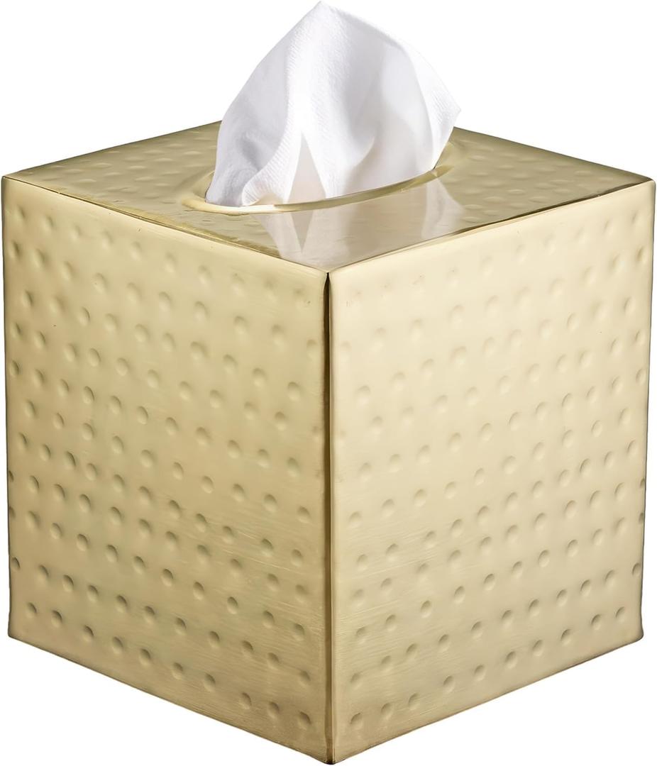 Monarch Abode Hand Hammered Tissue Box Cover Square, Brushed Gold Tissue Holder for Bathroom, Square Metal Dresser Accessories, Decorative Tissue Box Holder, Brushed Gold Handcrafted Tissue Cover