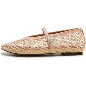 Moyilishan Womens Mesh Mary Jane Flats Buckle Strap Round Toe Breathable Ballet Flat Summer Casual Lightweight Ballerina Shoes (7, Nude)