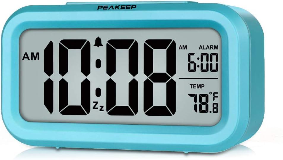 Peakeep Night Light Digital Alarm Clock Battery Operated with Indoor Temperature, Desk Small Clock (Blue)