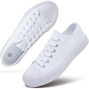 hash bubbie White Sneakers for Women Low Top Canvas Shoes Womens Canvas Sneakers Women's Fashion Sneakers Slip on Casual Tennis Shoes（White Mono.US9）