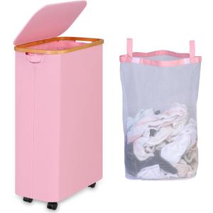 iEGrow 75L Laundry Basket with Wheels,Clothes Hamper for Laundry,Laundry Hamper with Lid and Inner Bag, for Laundry Room, Bedroom, Dormitory Storage,Pink