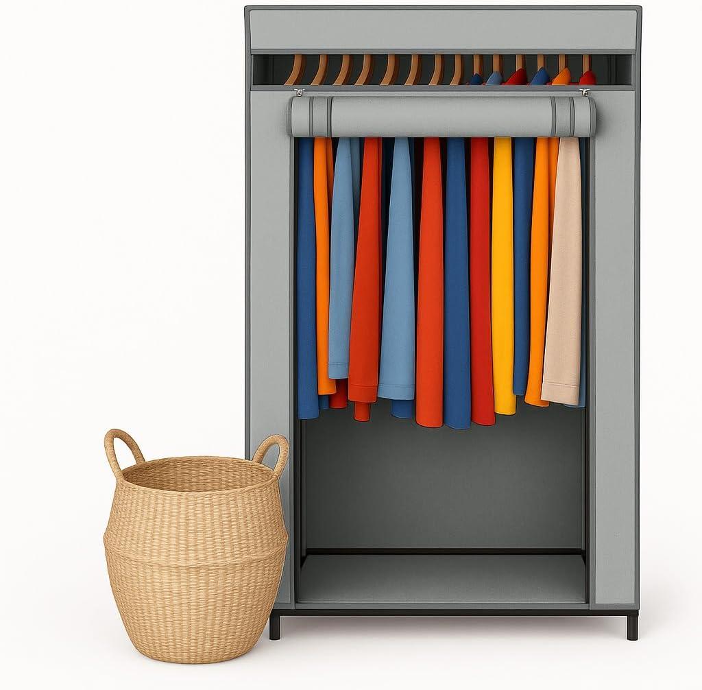 HOLDN’ STORAGE Portable Wardrobe Closet - 50 lb Capacity, Internal Heavy Duty Metal Rod, Zipper & Clear Window, Durable Clothes Organizer, Tool-Free Easy Assembly, Dark Gray Canvas Cover