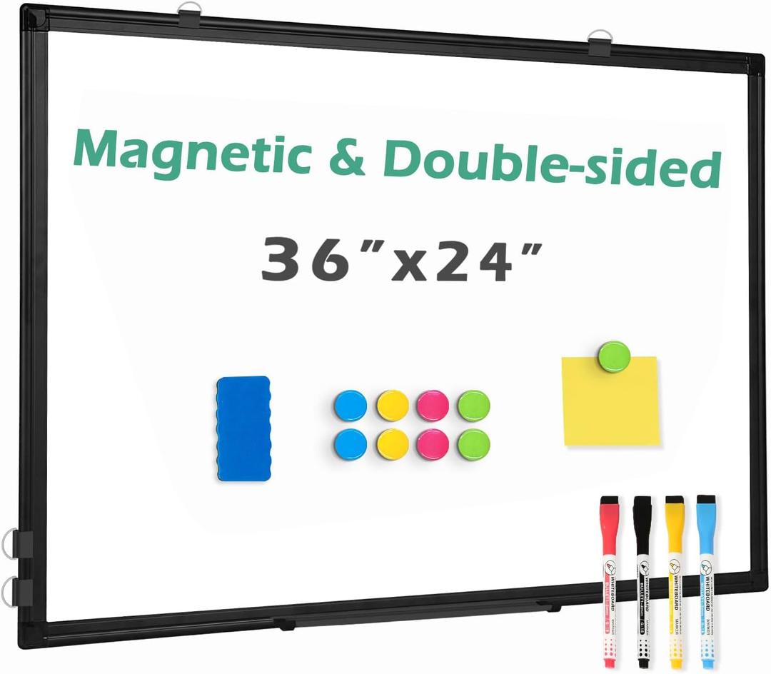 Double Sided Magnetic White Board36"x24" Dry Erase Whiteboard for Wall with Black Aluminum Frame Presentation Board for School, Office and Home