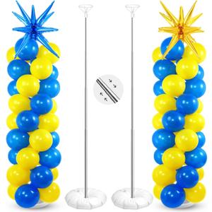 Sosation 2 Set Blue Yellow Toy Inspired Cartoon Hedgehog Balloon Column Stand Kit with 2 Star Foil Balloons 120 Pcs Latex Balloon Adjustable Stands for Carnival Birthday Space Party Decorations