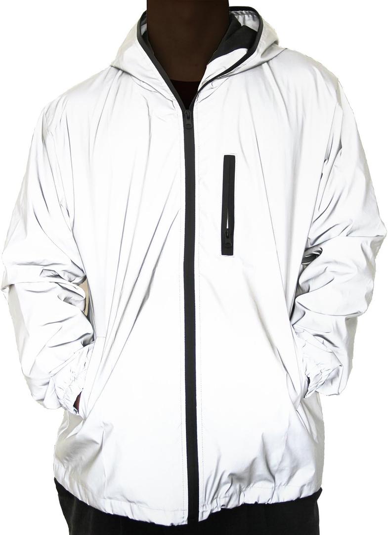 Reflective Coat Hooded Windbreaker Fashion Runing Pocket Jacket (Small, Gray)