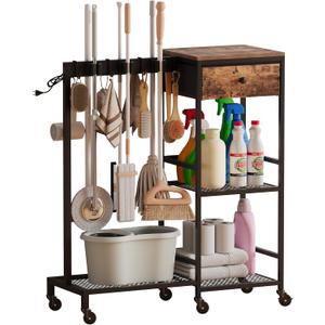Unionly Heavy Duty Metal Cleaning Cart with Wheels,Broom Holder with Cleaning Supplies Organizer,Broom Storage Cart with Mop Hanger Gripper Rack Hooks for Home, Commercial (Rustic Brown, 29.72" L)
