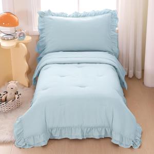 Wowelife Toddler Comforter for Girls Blue Toddler Bedding Set 4 Pieces Double Ruffles Comforter Sets, Cozy and Tender Bedding Includes Comforter, Fitted Sheet, Flat Top Sheet and Pillowcase