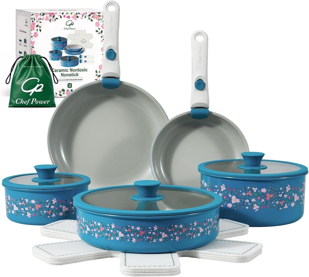 Ceramic Cookware Set Non Toxic with Detachable Handles, Healthy Nonstick Decal Pans and Pots Set 14 Pcs, Induction Dishwasher Oven Safe Kitchen Set, Turquoise with Bougainvillea