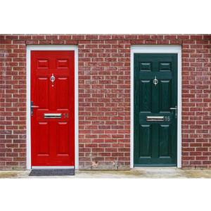 Renaiss 8x6ft Red & Green Door Backdrop for Photoshooting Vintage Doors on Red Brick Wall Photography Background Retro Bricks Front Doors Party Decors Portrait Street Snap Photo Booth Props