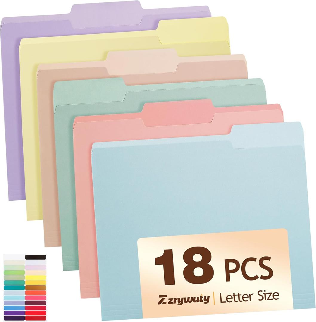 Color File Folders, 1/3-Cut Tabs, 18 Pack File Folder Letter Size, 6 Pastel Colors Organizer File Folders for School Home Office Business
