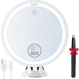 Auxmir 30X Magnifying Mirror with Light, Makeup Mirror with 3 Color Lights, 8 Rechargeable Vanity Mirror with Power Suction Cup, 360 Swivel, Touch Dimmable Mirrors with Tweezer for Home Travel
