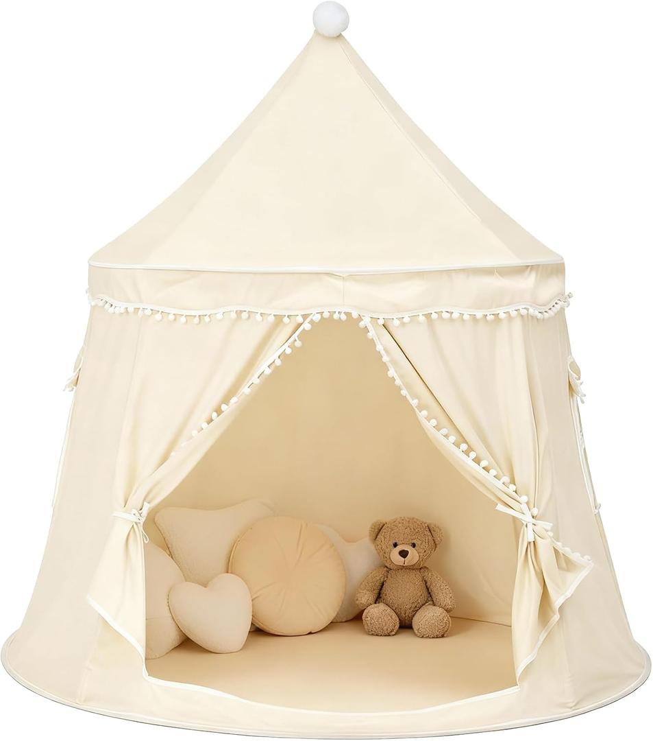 Play Tent, Large Playhouse Kids Castle Play Tents with Carry Bag, Indoor Outdoor Game Tent, Portable Children Yurt Tents, Birthday Gift for Boys & Girls, 47''x45'', Cream