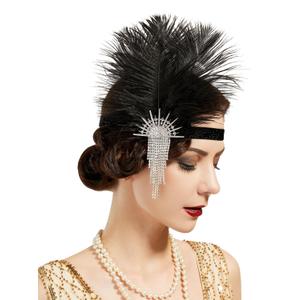 SWEETV 1920s Flapper Feather Headband Sparkling Rhinestone Roaring 20s Showgirl Gatsby Headpiece Hair Accessories (Black)