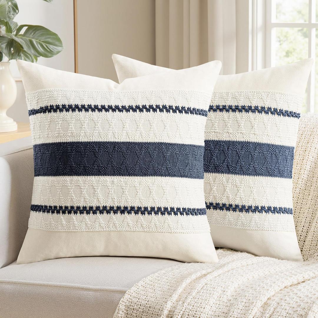 Woaboy Set of 2 Decorative Pillow Covers Boho Farmhouse Couch Throw Pillows Modern Cotton Cushion Covers Macrame Woven Spring Home Decor for Bed Sofa Chair 18x18 Inch Navy Blue
