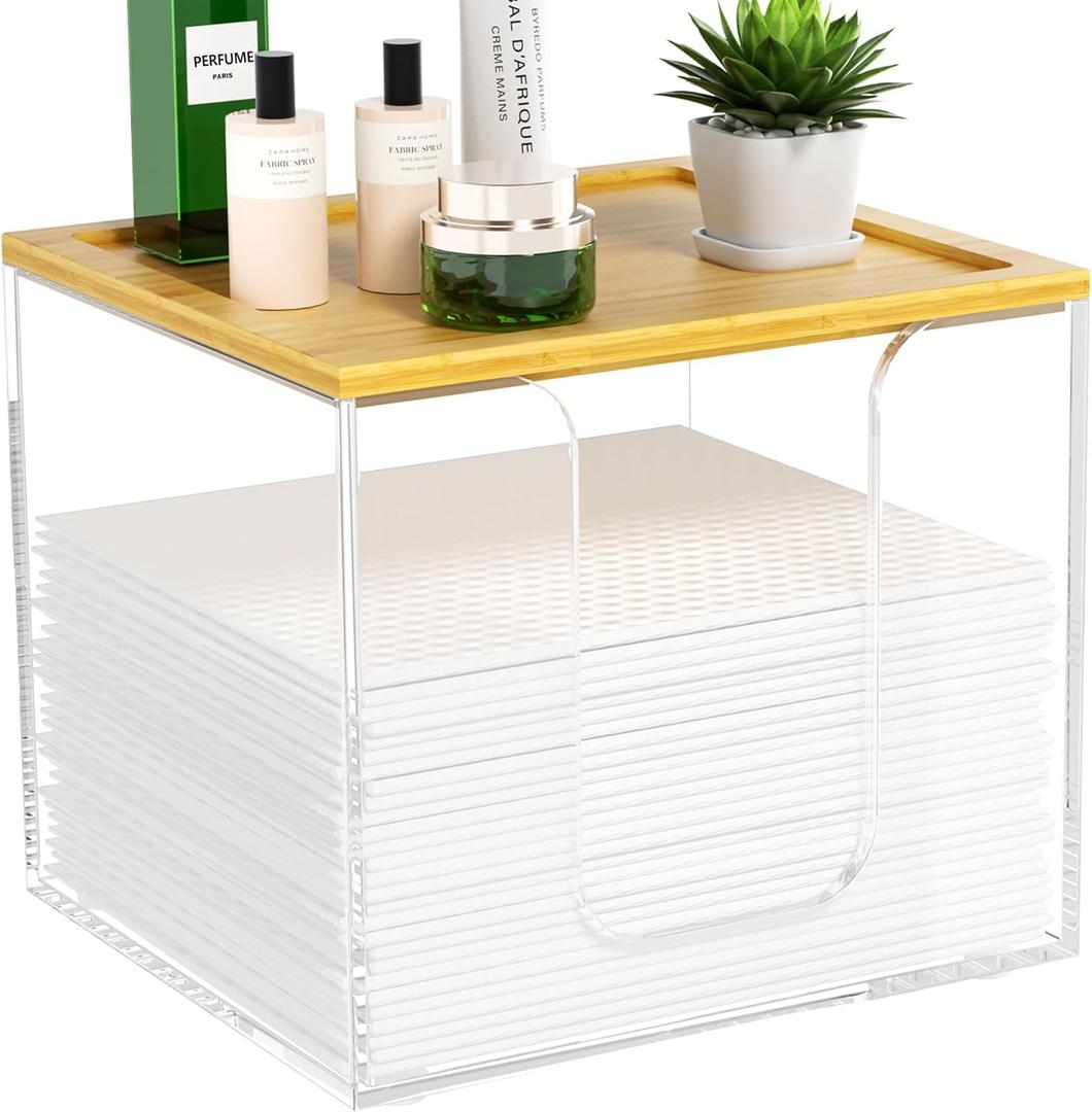 VITVITI Disposable Face Towel Holder Box, Acrylic Facial Container for XL Clean Skin Club, Large Storage With Bamboo Lid, for Bathroom, Vanity Makeup, Clear