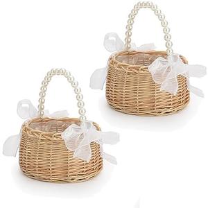 2 PCS Wicker Rattan Flower Girl Basket Wedding Flower Girl Basket with Pearl Handle and Bow Fairy Flower Basket Handwoven Easter Basket Wicker Basket for Wedding Flower Girl(Brown)