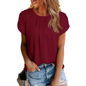 Dokotoo Women's Casual Round Neck Basic Pleated Tops Short Sleeve Loose Fit Curved Back Chiffon Blouses T-shirts (X-Large, Burgundy)