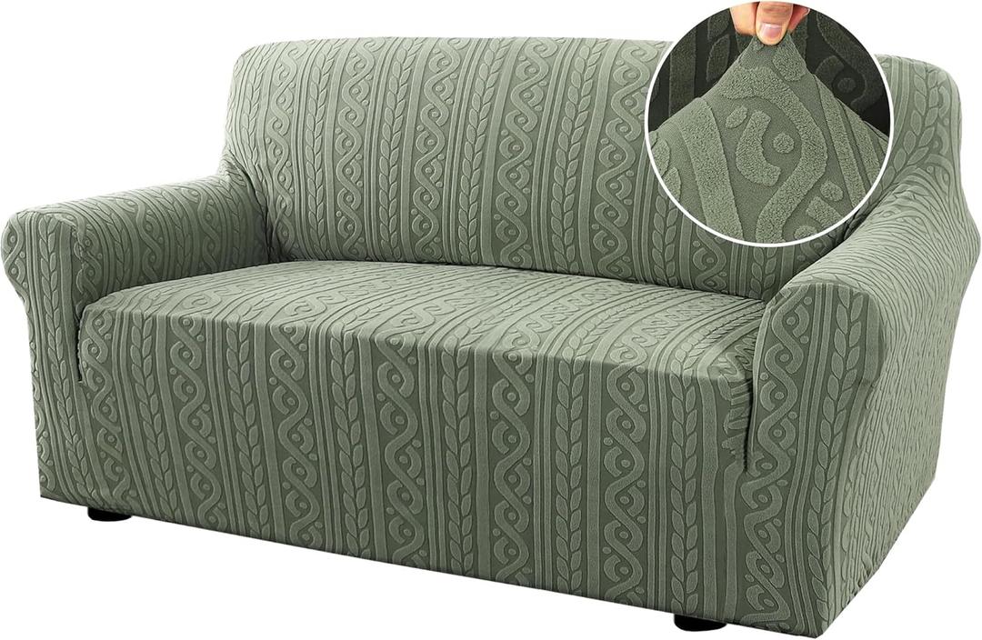 H.VERSAILTEX Couch Covers for 2 Cushion Sofa 1 Piece Stretch Loveseat Slipcover Pet Dog Universal Slip Cover Love Seat Covers Upgrade Thick Jacquard Fabric with Spiral Pattern(58"-70", Sea Grass)