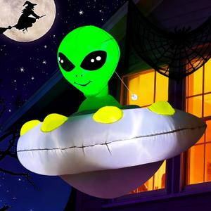 ZPISF 4 FT Halloween Inflatable Alien in UFO Outdoor Decorations, Alien UFO Window Inflatable, Green, LED