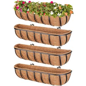 Legigo 4 Pack 24 Inch Window Boxes Railing Planter Box with Coconut Liner, Balcony Railing Planter Horse Trough Deck Window Planters, Metal Railing Hanging Flower Baskets for Outdoor Porch Fence Patio