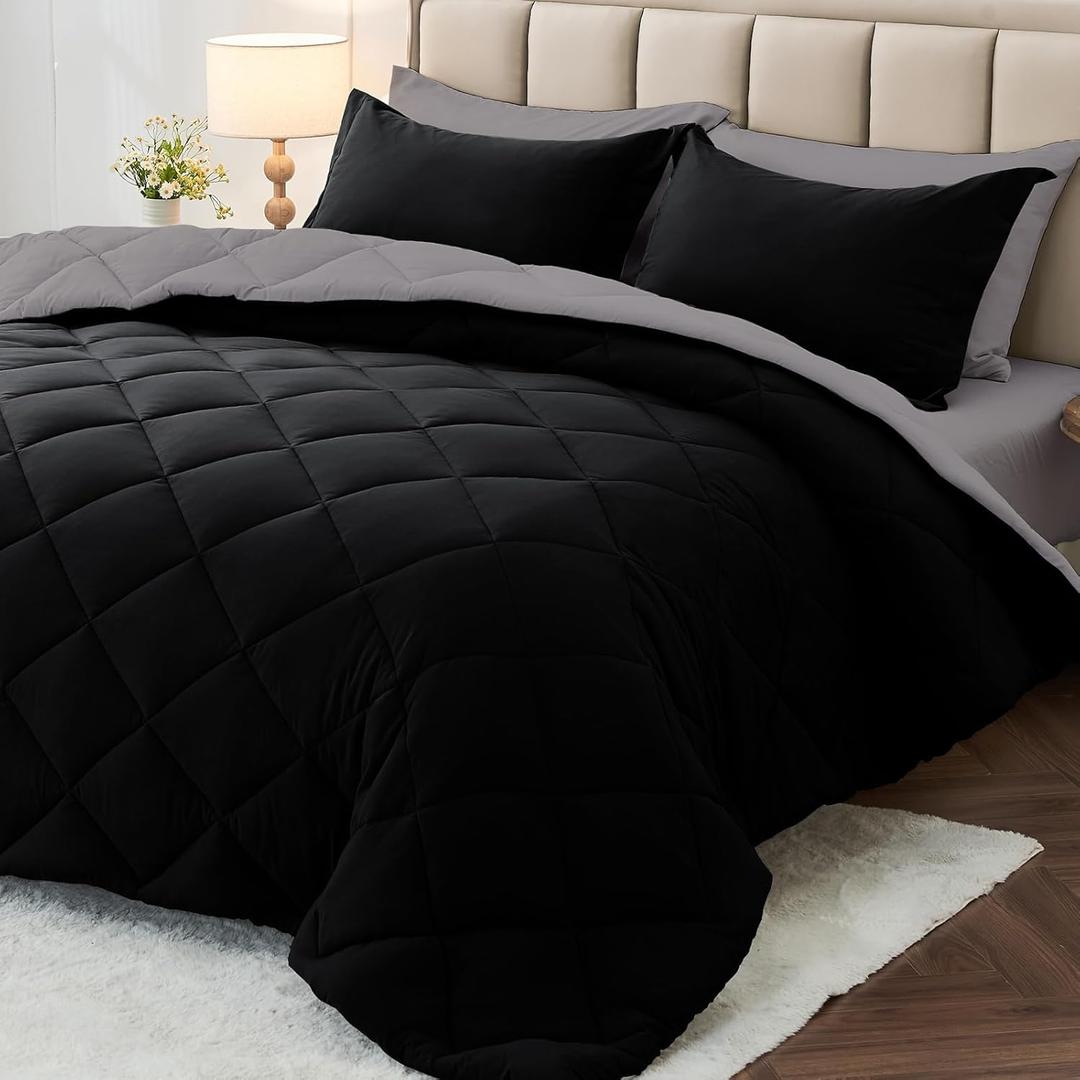 MUXHOMO 7 Pieces Queen Comforter Set, Reversible Bed in a Bag Queen Size, All Season Bedding Set with Comforter, Flat Sheet, Fitted Sheet, Pillowcases & Shams, Black & Soot (Queen (88"x88"))