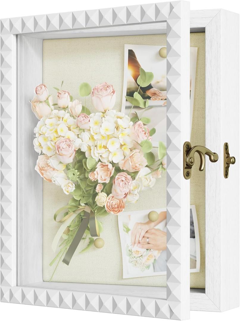 SZQINJI Shadow Box Frame 8x10 Shadow Box Small Deep White Shadow Boxes Display Cases with Front Opening Vintage Lock Diamond Shape Door for Pet Memorial Keepsakes Wedding Flower Baby Graduation White