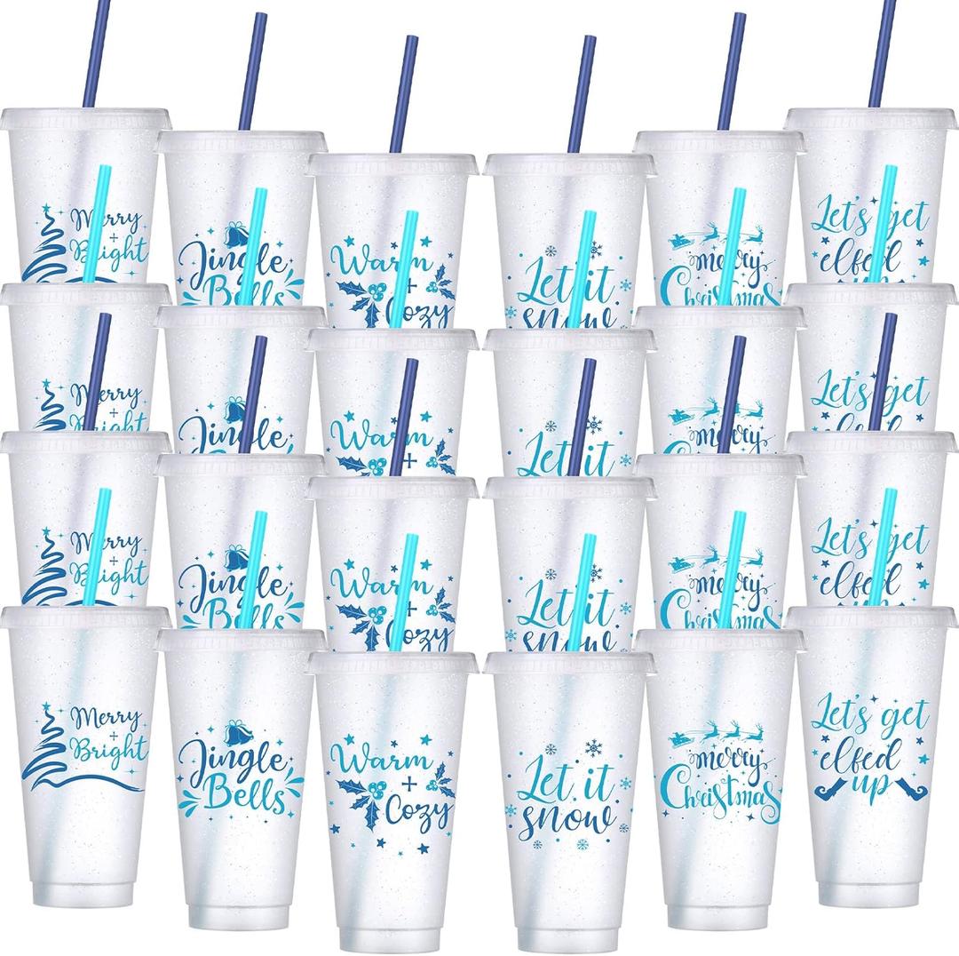 24 Pcs Blue Glitter Winter Cups Bulk with Lid and Straw 24 oz Reusable Winter Plastic Tumbler with Sayings for Holiday Wonderland Baby Shower Party Supplies, 6 Styles (Christmas Words)