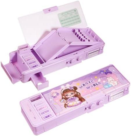 Humyoun Multifunctional Pop up Pencil Case for Girls, Cute Cartoon Pen Box Organizer with Password Lock, Sharpener, Schedule, Birthday Stationery Gifts for Kids (Purple, Magic World)