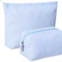 Huhumy 2 Pcs Makeup Bag Set Cute Cosmetic Pouch for Women Seersucker Travel Toiletry Bag Preppy Small Makeup Purse Pouch Aesthetic Skincare Brushes Storage Organizer for Valentine Women(Blue)