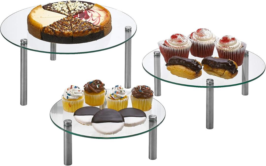 3 Tier Round Tempered Glass Display Stand 9, 11, 13 for Cake, Cupcakes, Desserts, Bakery, Appetizers  Set of 3 Glass Retail Display Raiser. (Clear)