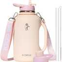 64oz Insulated Water Bottle, Coolflask Half Gallon Water Jug With Handle Straw Stainless Steel Double-Walled Vacuum Metal Large Flask Without Strap Non-BPA Leakproof, Keep Cold 48 Hrs, Apricot Pink