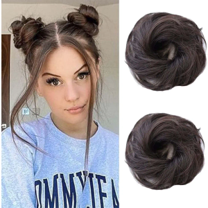 Messy Bun Hair Pieces Human Hair with Elastic Band Scrunchies Stretchy Fluffy Chignon Ponytail Hair Extension Updos for Women Girls (2#/Brown Black, 2Pack Straight)